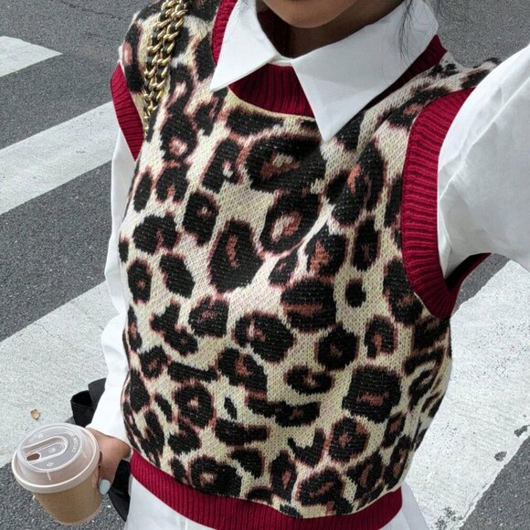 Multicolor Casual Women's Leopard Print Knit Sweater Vest - Picture 6 of 8